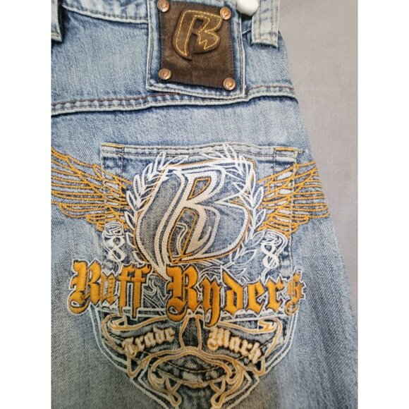 Ruff Ryders Jeans Mens Blue Denim Full Embroidered Logo Pocket Size 34x30 - Picture 1 of 13